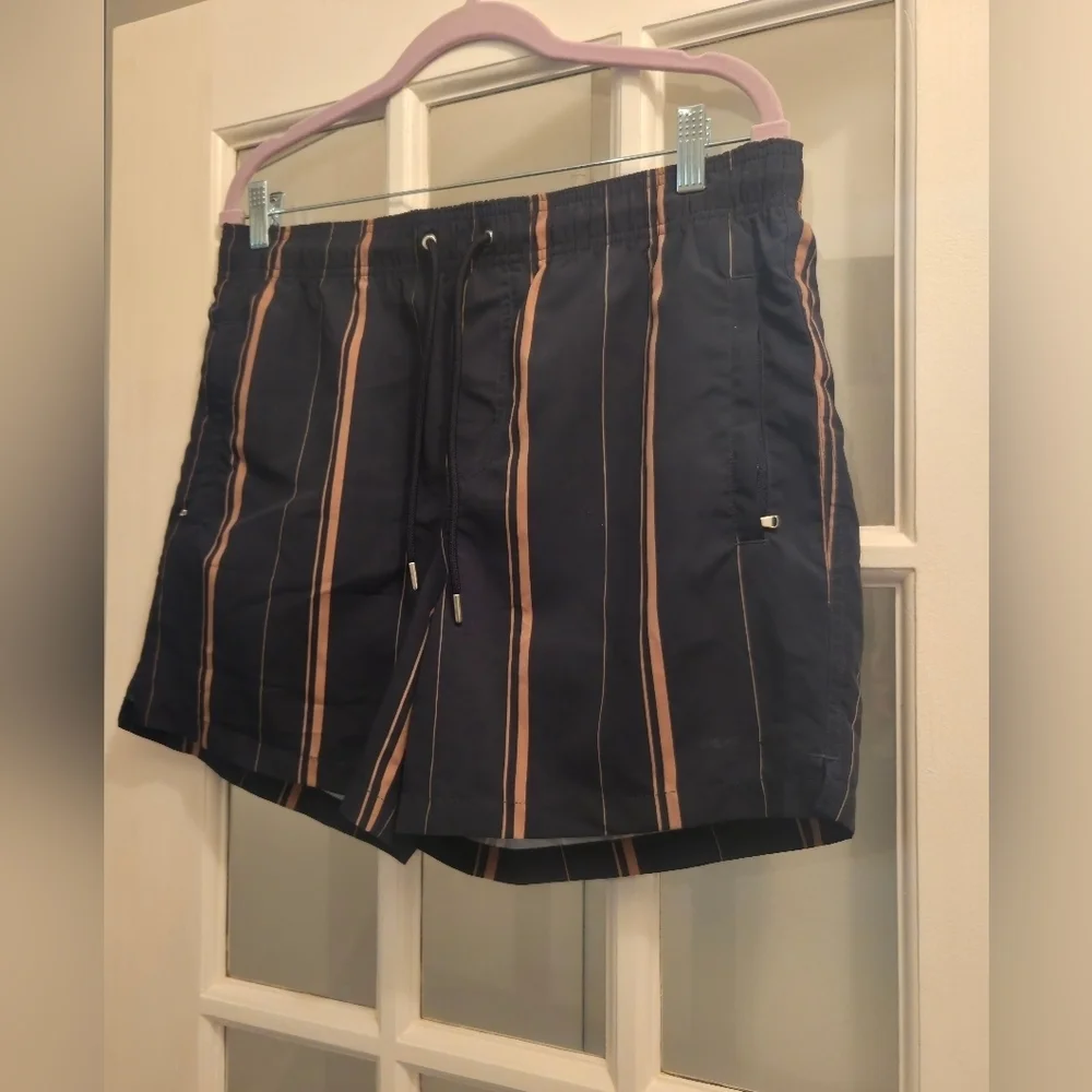 The Kooples Navy Blue & Gold Swim Trunks W/ Stripes & Zip-Up Pockets